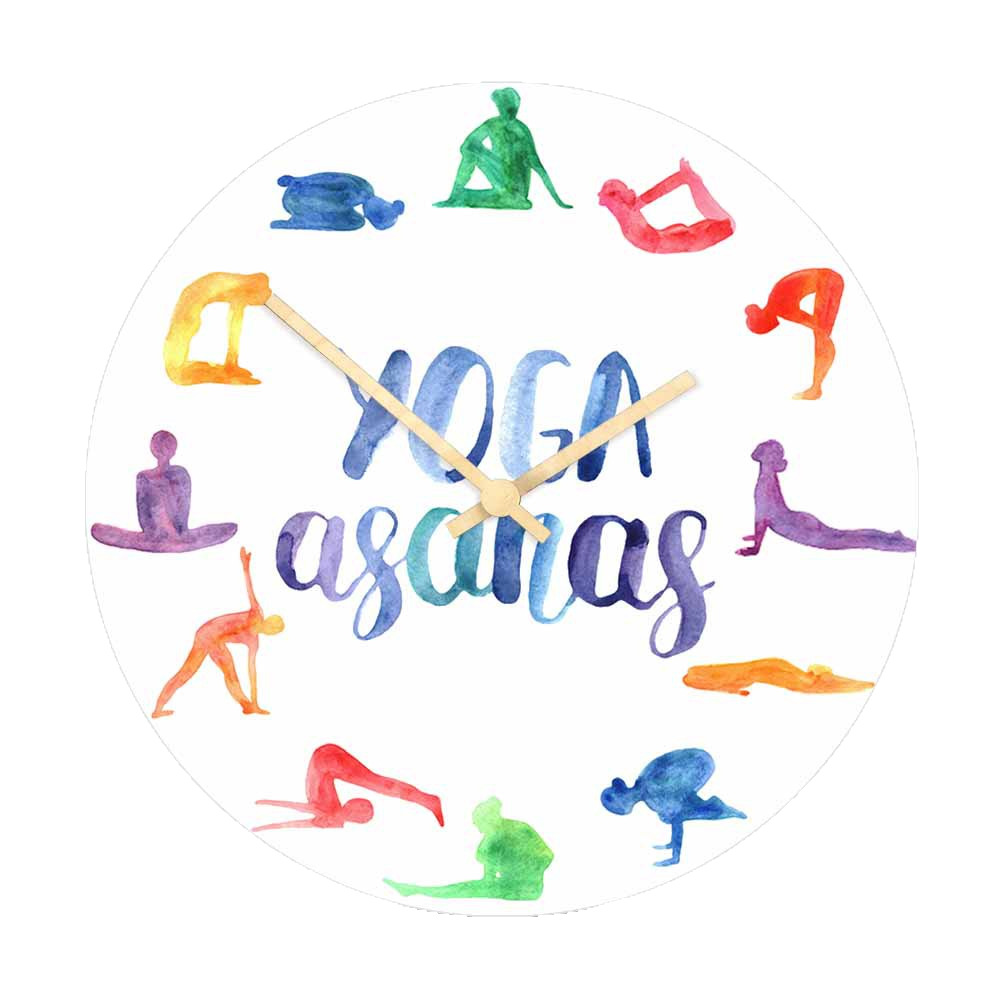 Yoga Fitness Watch - นาฬิกาแขวนผนังลายโยคะสีน้ำ ท่าโยคะหลากสีสัน นาฬิกาควอตซ์ไร้เสียง ตกแต่งห้องนอนสตูดิโอโยคะ ของขวัญสำหรับคนรักโยคะและฟิตเนส
