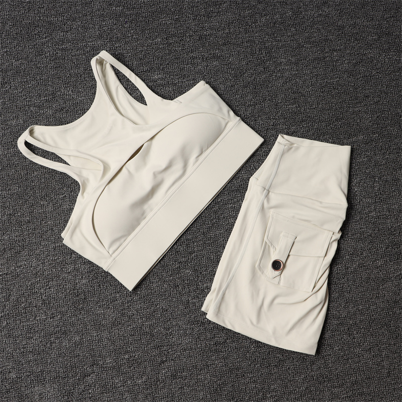 Yoga Fitness Kit - กางเกงขาสั้นออกกําลังกายชุดโยคะชุดสตรีสูงเอวกีฬา Bra ออกกําลังกายขี่จักรยานกางเกงขาสั้นชุดกีฬาพร้อมกระเป๋า