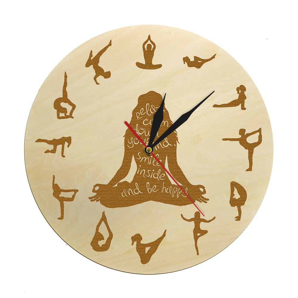 Yoga Fitness Watch - โยคะ Pose ไม้ผนังนาฬิกาออกกำลังกายตกแต่งบ้านสมาธิโยคะทางจิตวิญญาณ SILENT NON ticking