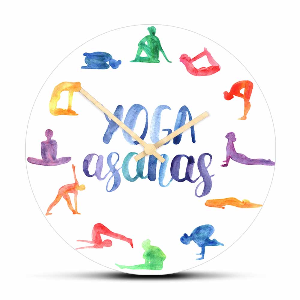Yoga Fitness Watch - โยคะอัสนีโมเดิร์นนาฬิกาแขวน Home Decor ผู้หญิงฟิตเนสพิลาทิส Poses สีน้ำพิมพ์เงียบกวาดนาฬิกา